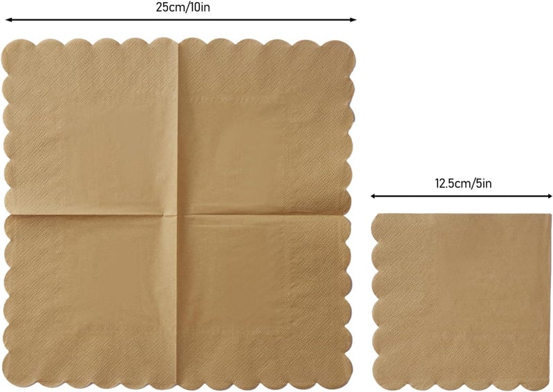 BEFORYOU 100 Pack Cocktail Napkin 2-Ply Scalloped Edged Dessert Napkins Folded 5 x 5 Inches Disposable Napkins for Dinner Wedding Birthday Party Bridal Anniversary Reception Event (Brown) - Image 2